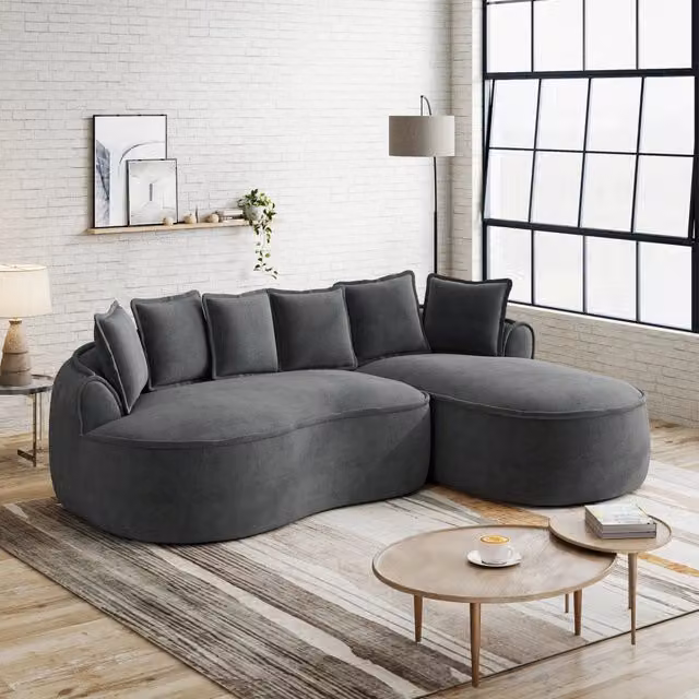 Divano Angolare Chaise Longue Modulare ¨C MINIMAL ¨C Tessuto Chenille, Grigio, con Cuscini