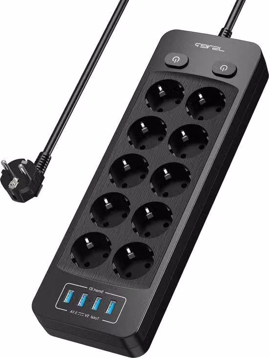 Multipresa a 10 prese con 4 porte USB, nera, cavo da 2 m