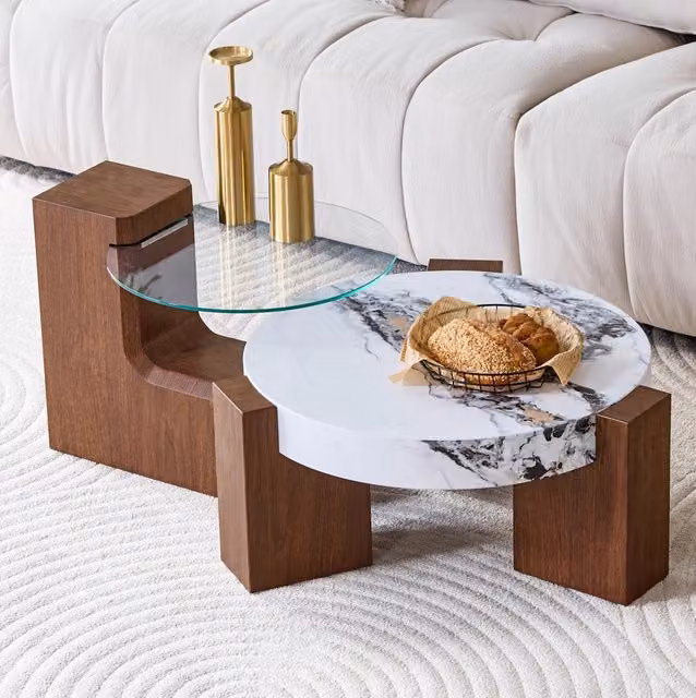 Set di tavolini da caffè rotondi 2 pezzi in MDF e vetro, noce e bianco