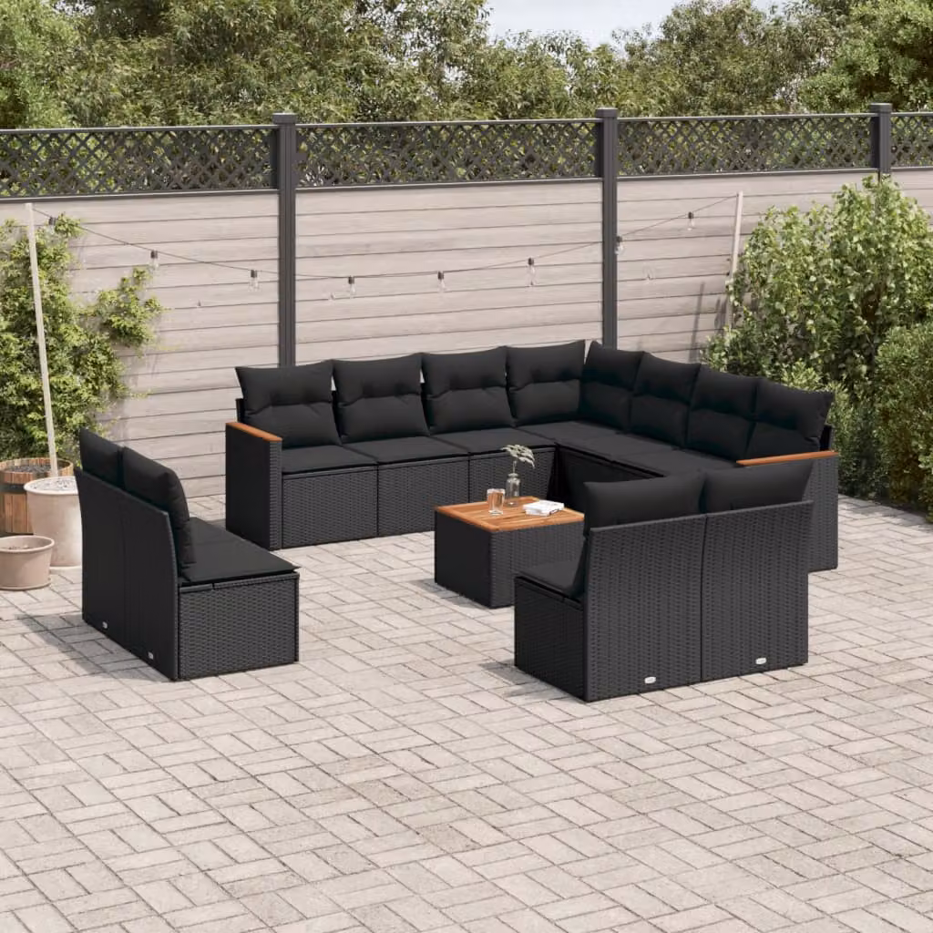 vidaXL Set Divani da Giardino 12 pz a Forma a U in Polyrattan Nero con Cuscini e Tavolino da Caffè – 1