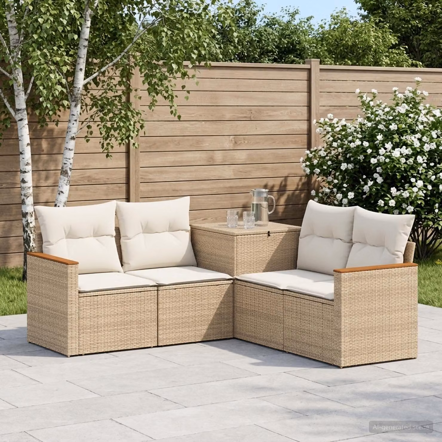 Set di divani da giardino vidaXL a forma di L in polyrattan con cuscini, beige e bianco crema