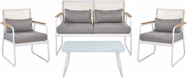 Set da giardino Beliani in acciaio bianco con cuscini grigi, salotto moderno da 4 posti con divano, poltrone e tavolino da caffè