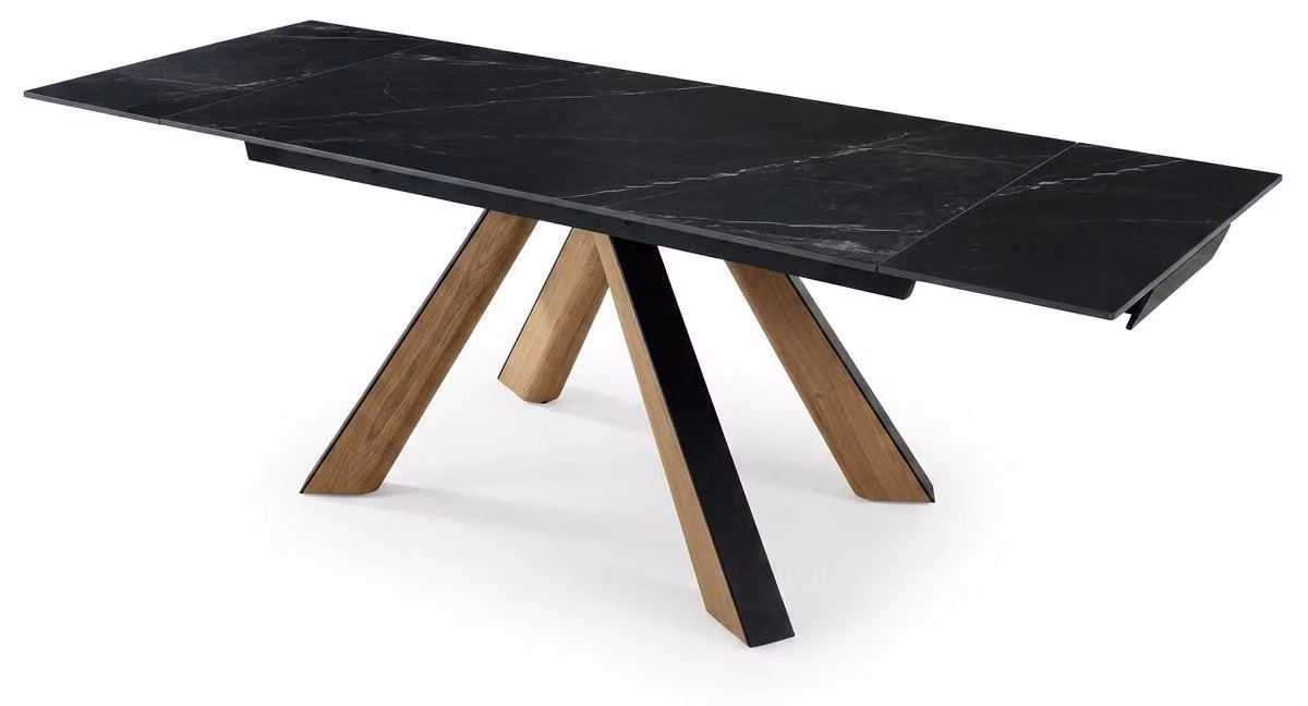 Tavolo da pranzo nero, aspetto legno, struttura in metallo, design moderno