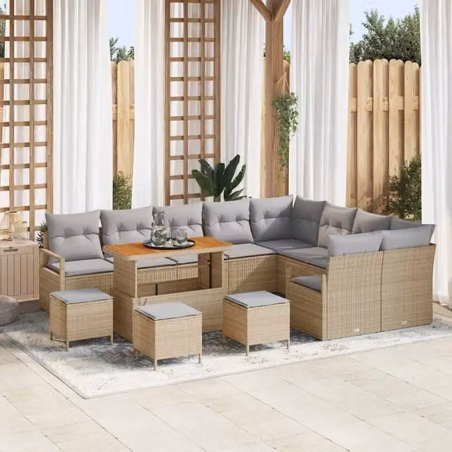Set Divano da Giardino a Forma di U vidaXL in Polyrattan Beige con 13 Pezzi, Comprensivo di Cuscini e Tavolino da Esterno