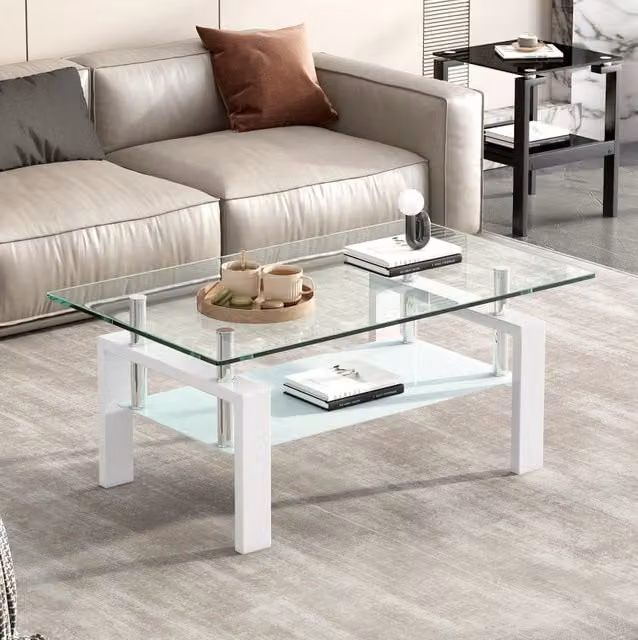 Tavolino da salotto ULEVR 100x60x44 cm a due ripiani in vetro temperato e metallo, bianco