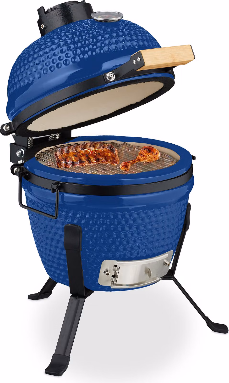 Relaxdays, griglia Kamado, diametro 32 cm, griglia in Vetroceramica con termometro fino a 450°C, ideale per barbecue, grigliate, cottura e cottura al forno, e affumicatura, colore blu