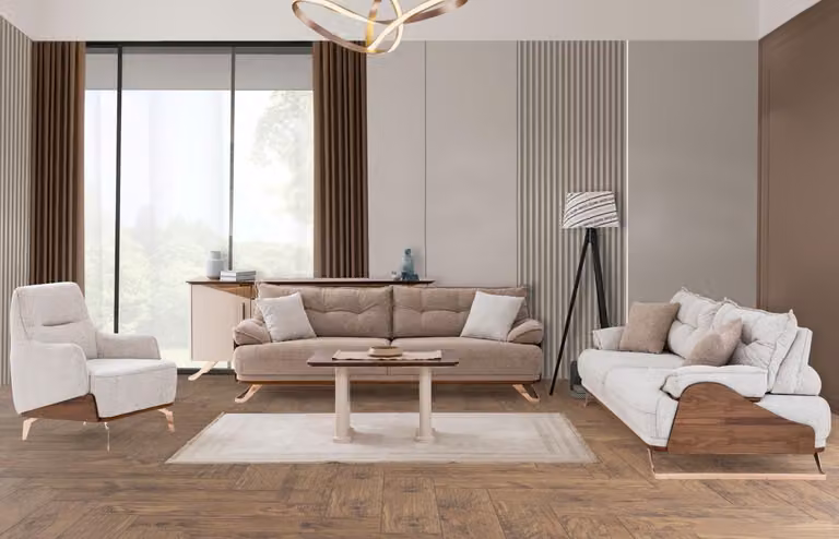 Komplette Beige Couchgarnitur Designer Dreisitzer Sessel Polster Möbel