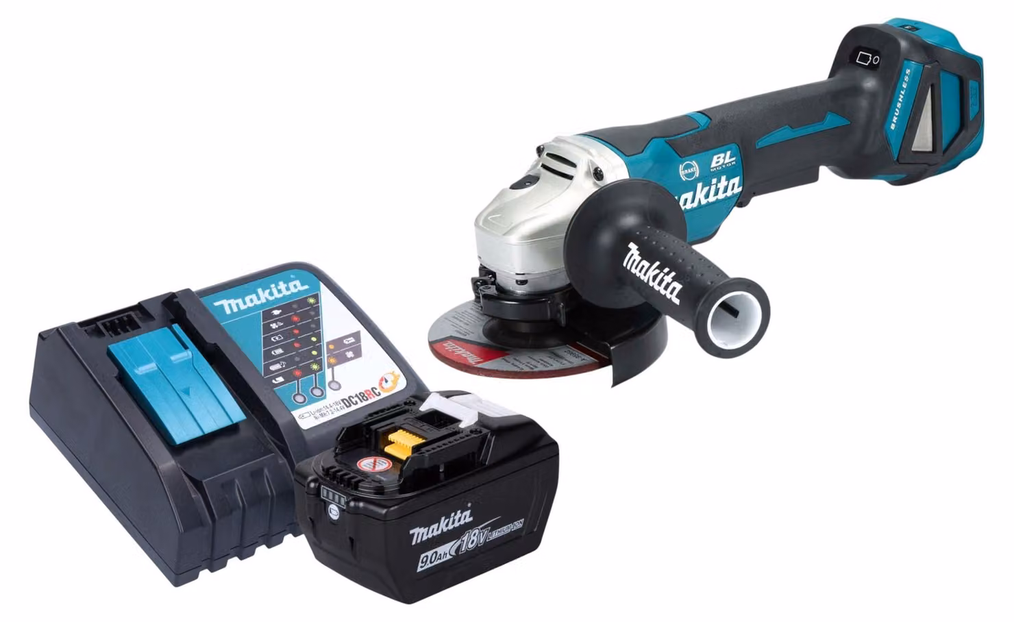 Smerigliatrice angolare a batteria Makita DGA 517 Z 18 V 125 mm Brushless + 1x batteria 9,0 Ah + caricabatterie