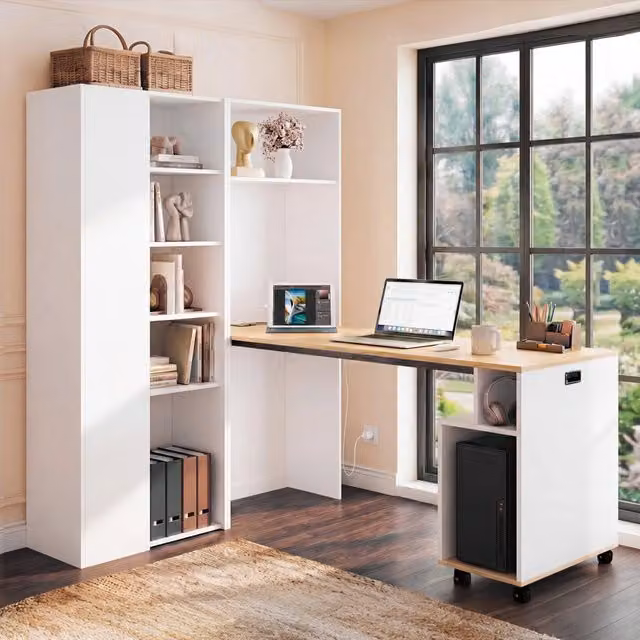 Scrivania pieghevole con libreria presa UE USB ripiani regolabili MDF bianco 104.5 × 30.5 × 160 cm