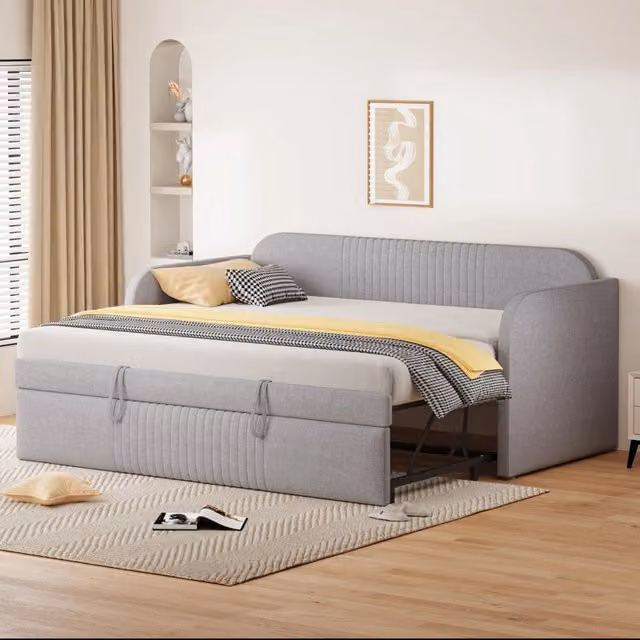 Letto divano estraibile 90×190 e 180×190 cm con struttura idraulica, senza materasso, in lino grigio chiaro