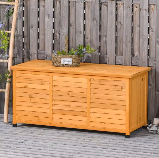Cassapanca da giardino in legno di abete gialla 127x56x60 cm con coperchio apribile