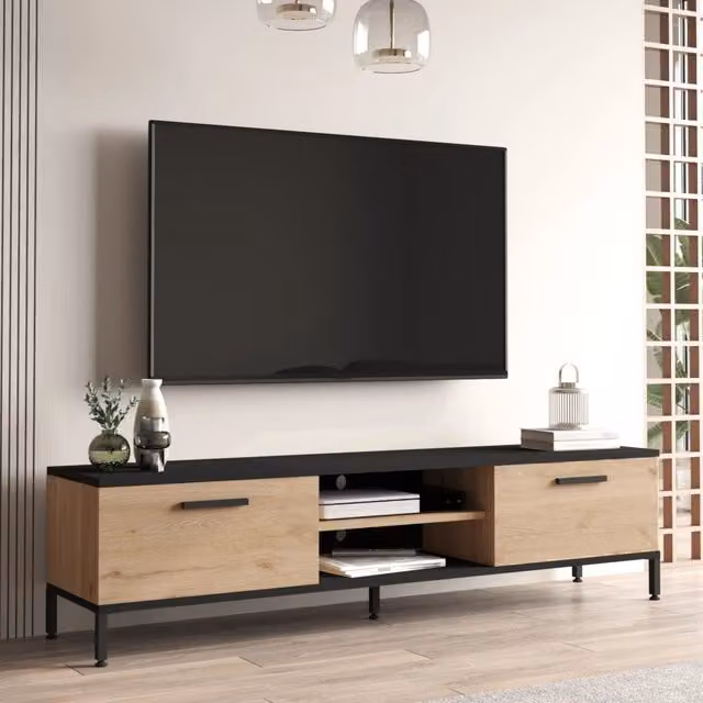 Mobile Basso Lempäälä en.casa Supporto TV con Passaggio Cavi e Sportelli a Ribalta, Effetto Rovere e Nero, L: 160 cm, P: 35 cm, H: 39 cm