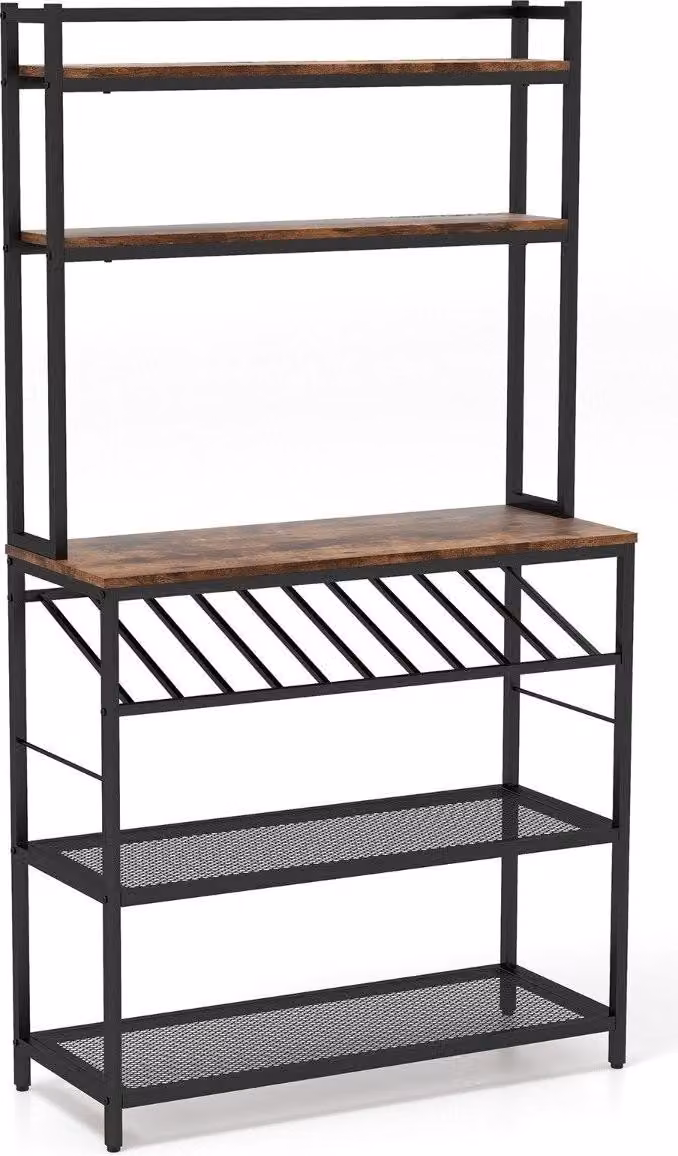 Scaffale da cucina con portabottiglie fino a 10 bottiglie e piano di lavoro e portapanetteria a 5 ripiani marrone