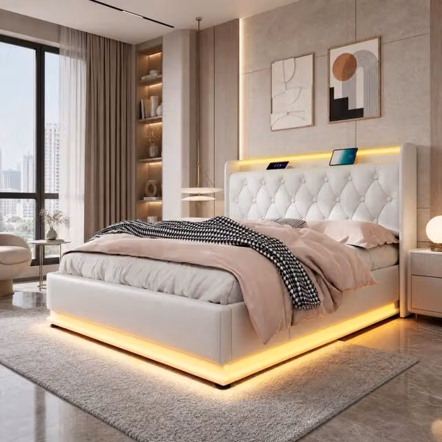 Letto matrimoniale imbottito 160x200 cm con illuminazione LED 360°, testiera con ricarica USB Tipo-C, struttura in PU bianco, senza materasso