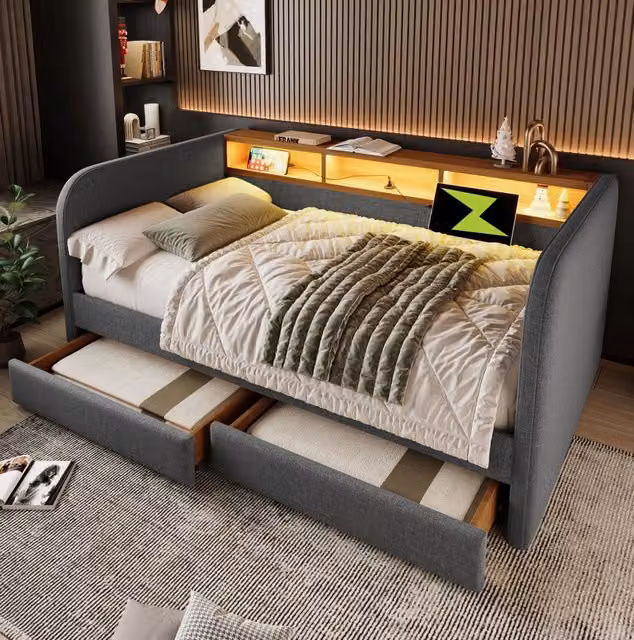 Letto imbottito moderno grigio con illuminazione LED, porta USB, mensola integrata e 2 cassetti L/P: 140 x 190 cm – 1
