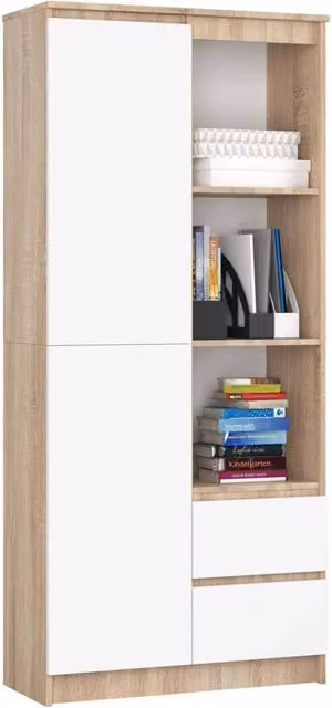 Libreria AKORD R11 Sonoma Quercia, Bianco 80 cm 2 ante 2 cassetti 80x35x180 cm