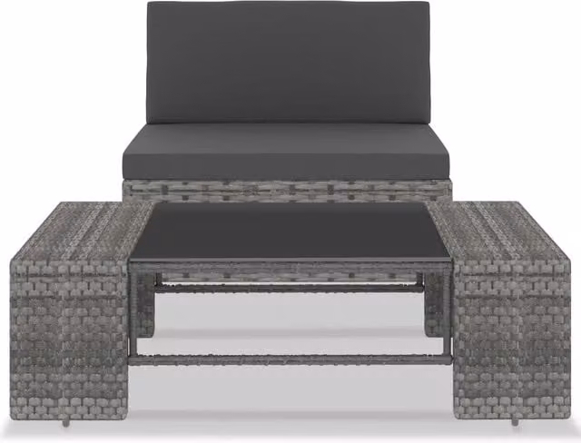 Set da giardino moderno vidaXL composto da divano a 2 posti e tavolino con piano in vetro, struttura in metallo antracite e sedute in rattan grigio con cuscini inclusi e rivestimenti rimovibili