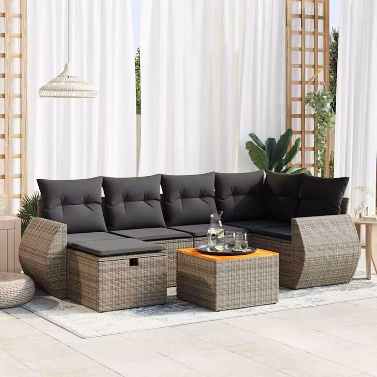 Set di divani da giardino vidaXL in polyrattan 7 pezzi con cuscini grigi e marroni in stile moderno per esterno