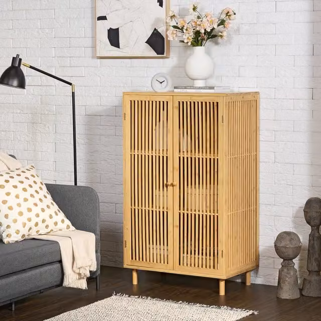 Credenza Bassa Grong en.casa con 2 Ante in Bambù Naturale e Rattan, Colore Beige, L: 110 cm, P: 40 cm, H: 66 cm