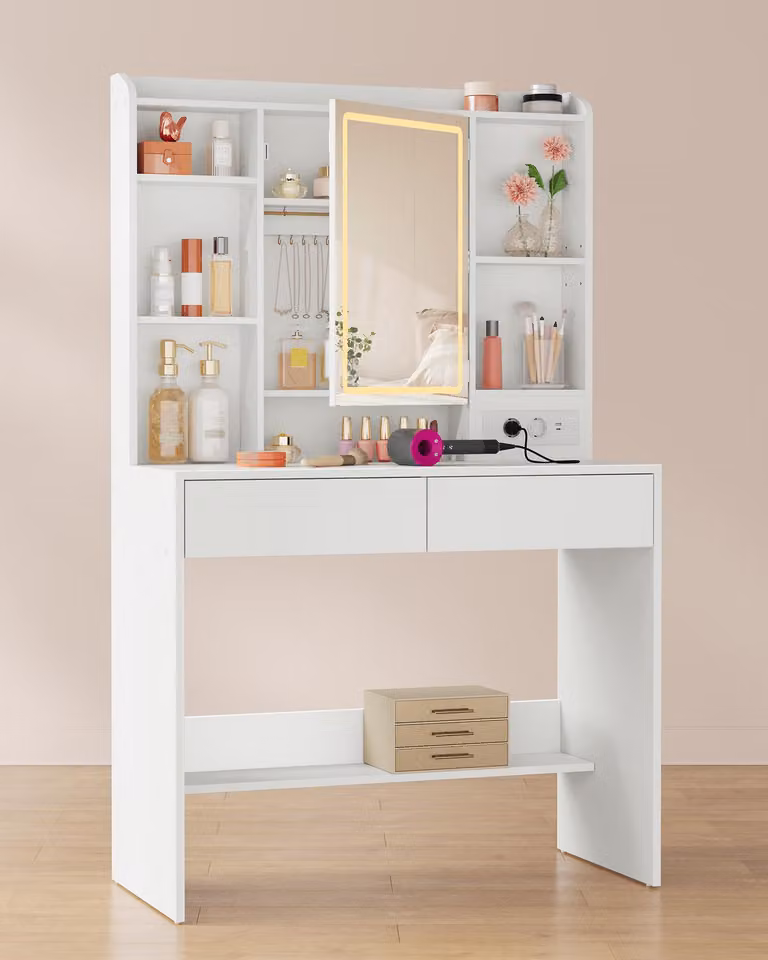 VASAGLE Tavolino da toeletta con specchio e illuminazione a LED, presa multipla, 3 colori di luce, con ripiani regolabili, bianco