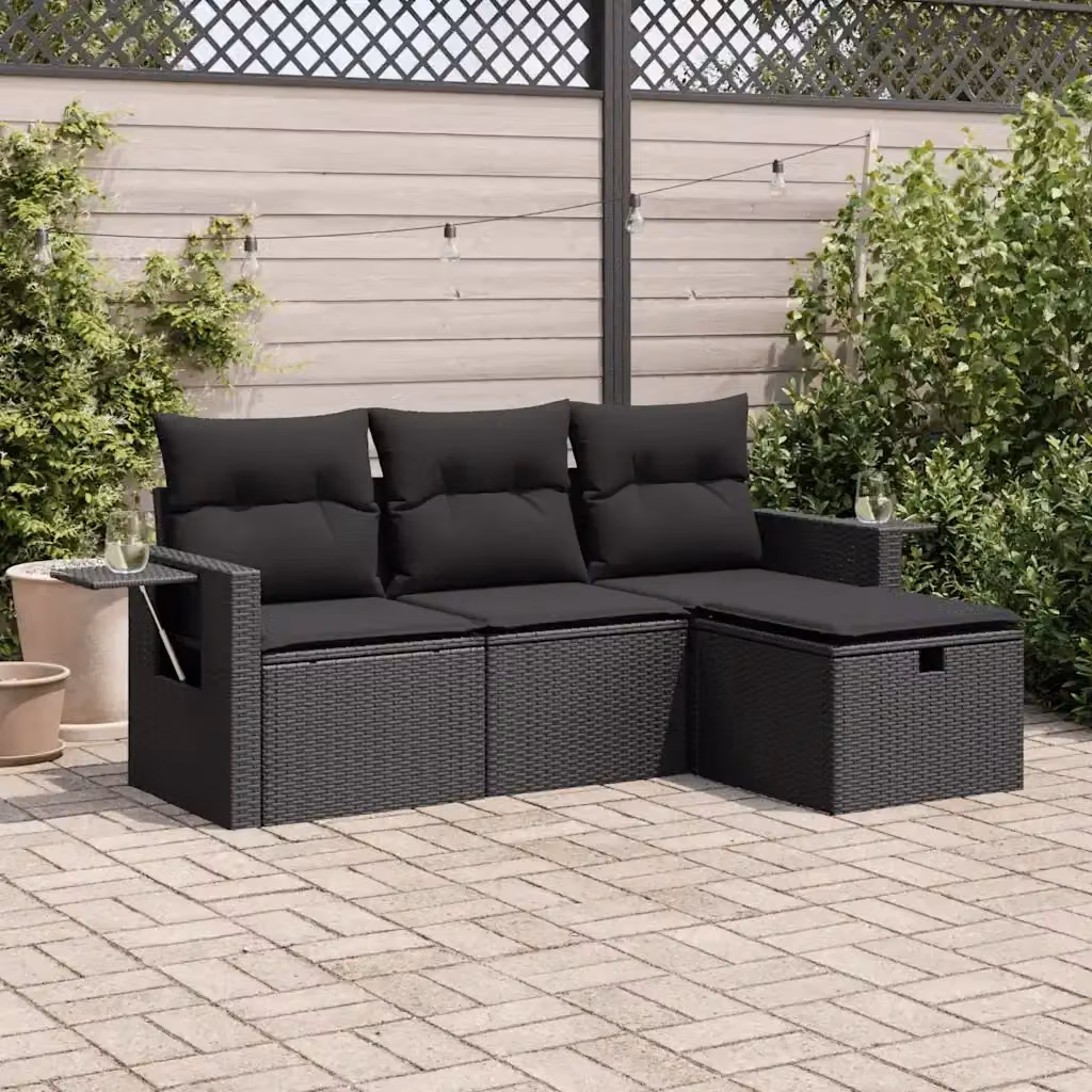 Set Salotto da Giardino a L composto da 4 pezzi con Polyrattan e Cuscini Neri – 2