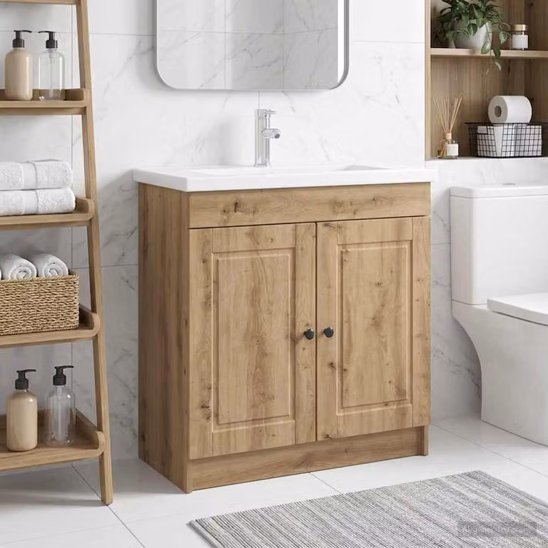 Mobiletto da bagno sotto il lavello vidaXL in legno e metallo marrone con ante a battente e ripiani interni, L: 81,0 cm, P: 37,5 cm, H: 78,5 cm