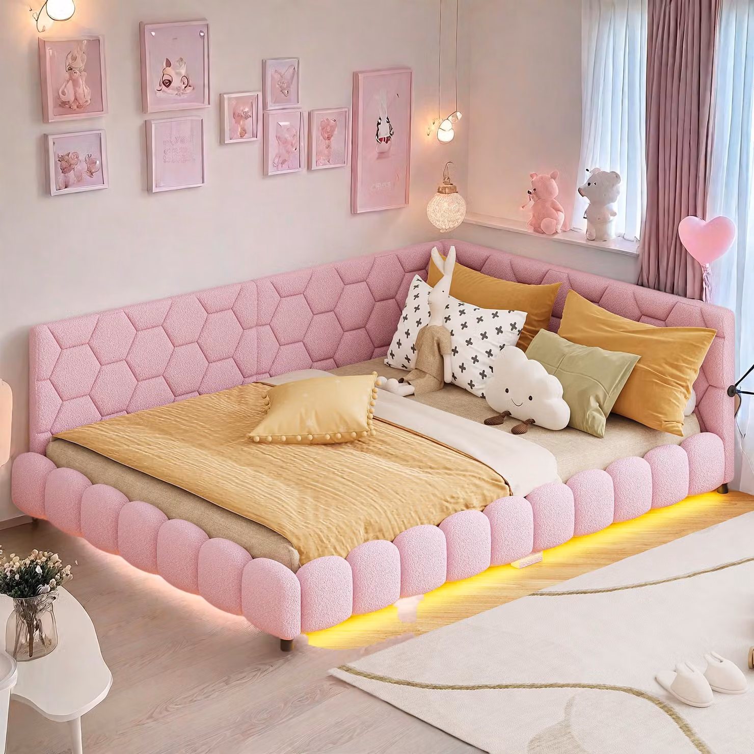 Divano letto 140*200cm, luce ambiente a 16 colori, porta USB, rosa