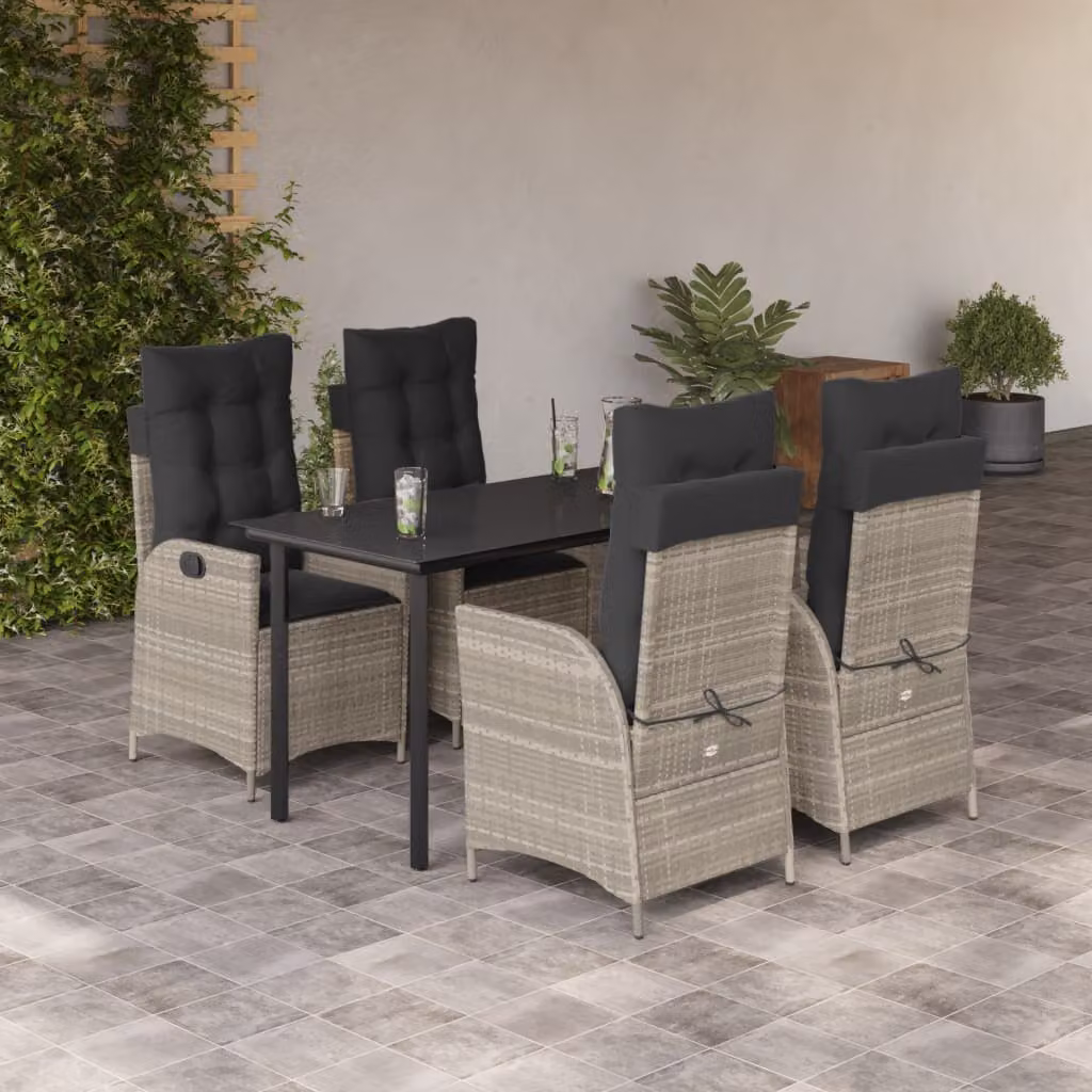 Set Pranzo da Giardino vidaXL in Polyrattan con Piano in Vetro e 5 Cuscini Grigio Chiaro – 1