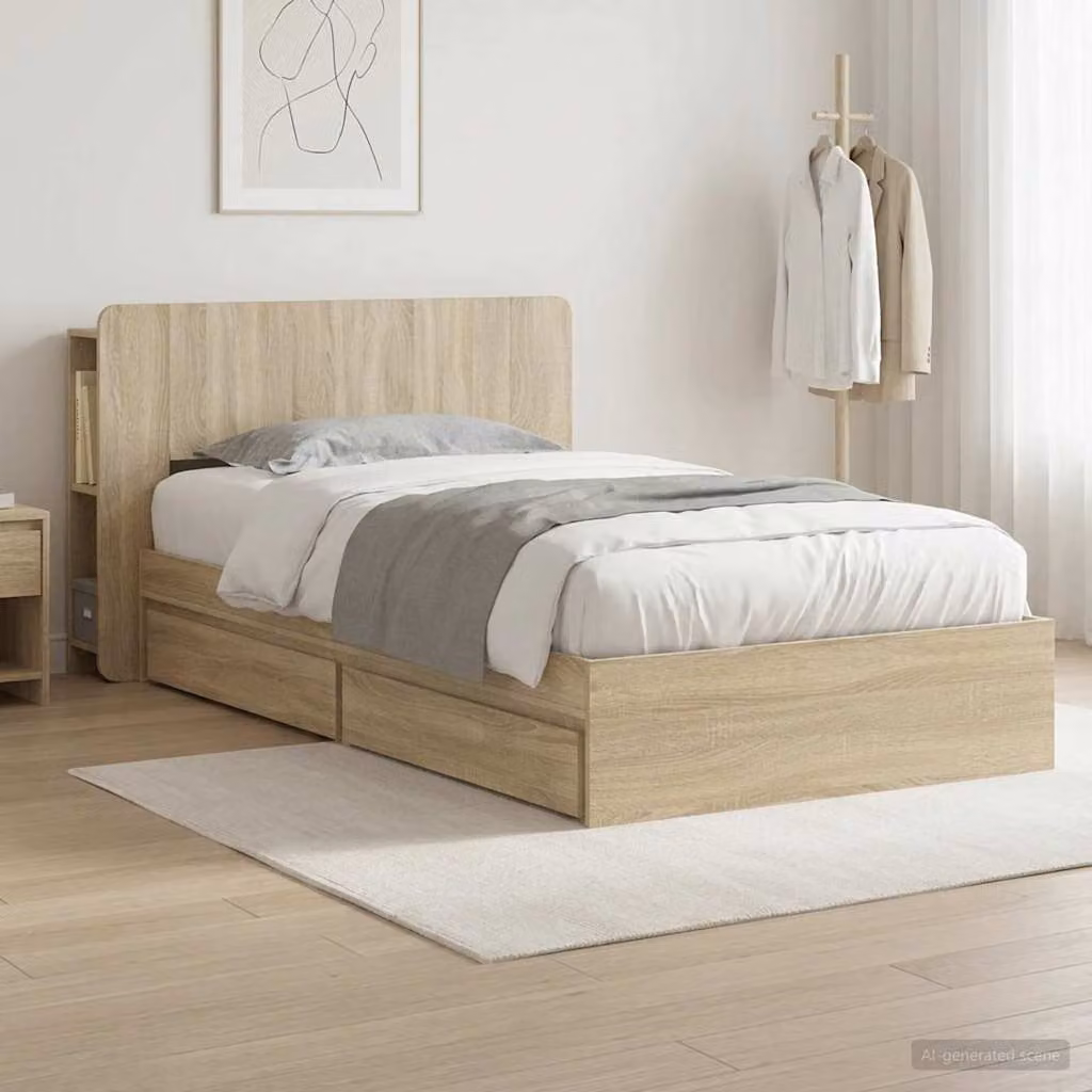 vidaXL Telaio del letto con cassetti in Rovere Sonoma, colore marrone, L/P/H: 221.5 x 100 x 119 cm