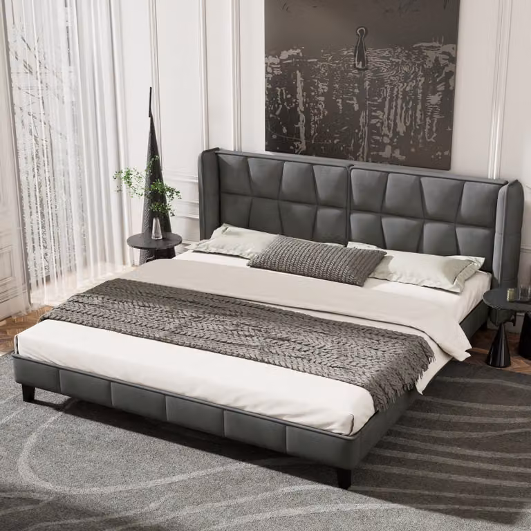 Letto imbottito Sweiko 180*200 con rete a doghe e testata, letto per giovani, per adulti e adolescenti, supporto a doghe in legno, montaggio facile, velluto, grigio