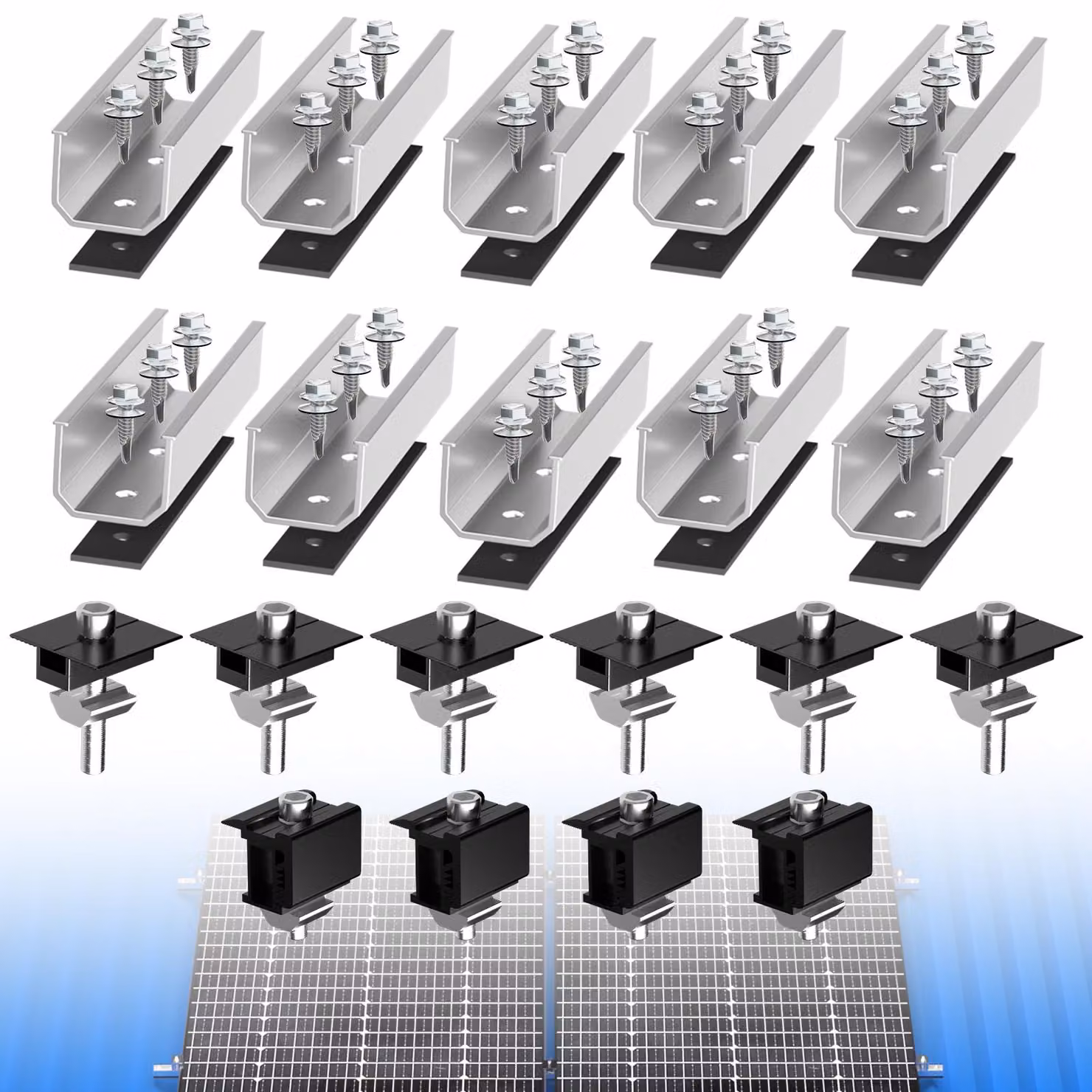 Supporto per pannelli solari fotovoltaici su tetto piano con lamiera grecata + morsetti regolabili per binari per 4 moduli