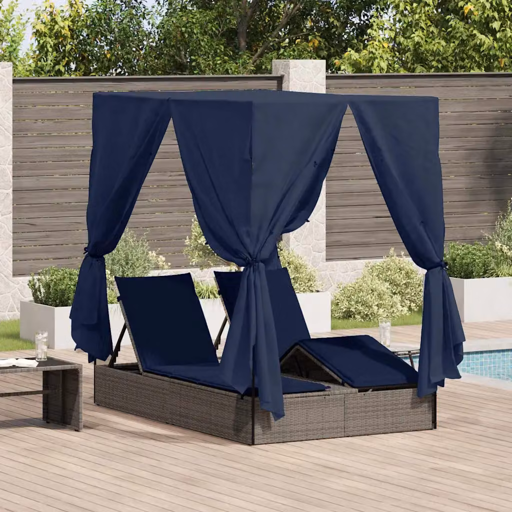 Lettino da sole doppio vidaXL in polyrattan nero con parasole e poggiatesta regolabile L/P/H: 205 x 129 x 200 cm – 1