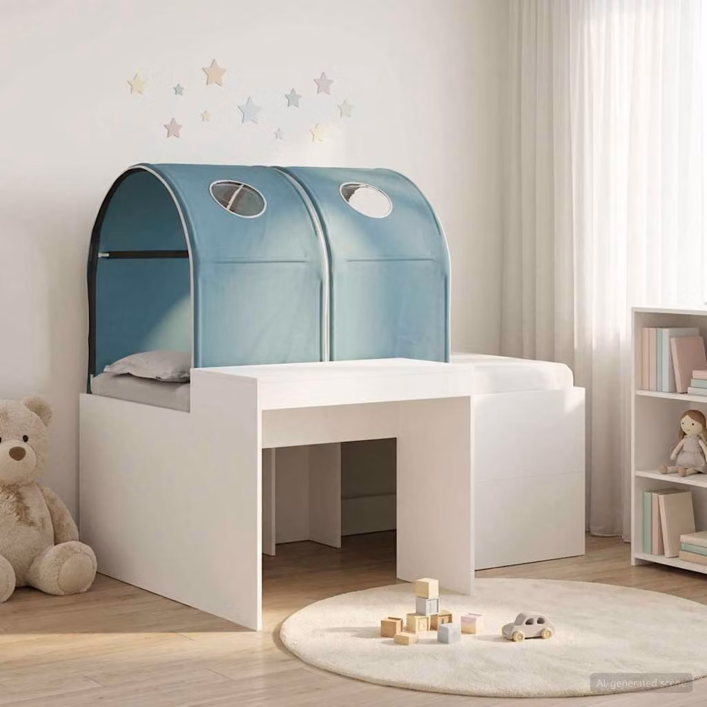 Letto singolo con tunnel per bambini vidaXL in legno ingegnerizzato, Bianco, Blu e Marrone, L/P/H: 160 x 80 x 123,5 cm