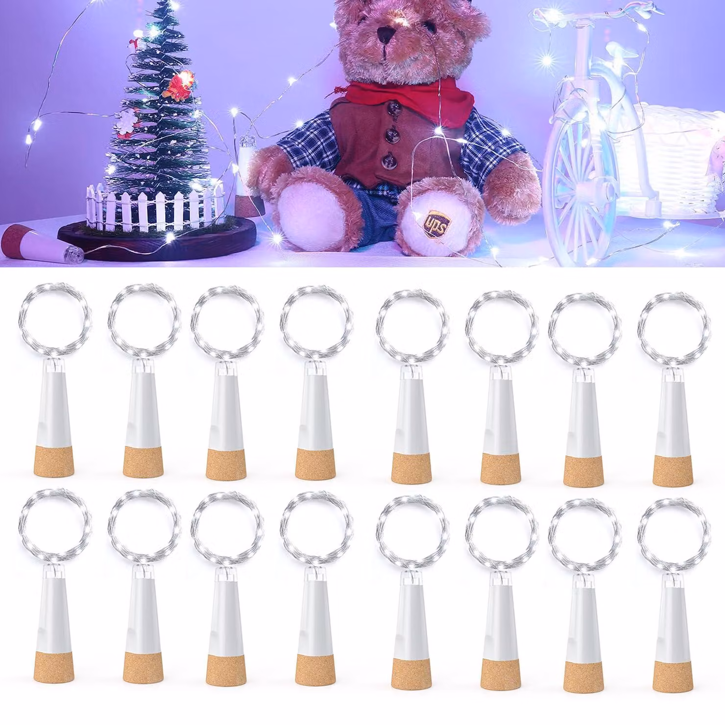 Luci a LED con tappo, ricaricabili tramite USB, 20 LED, 2 metri, confezione da 16 pezzi