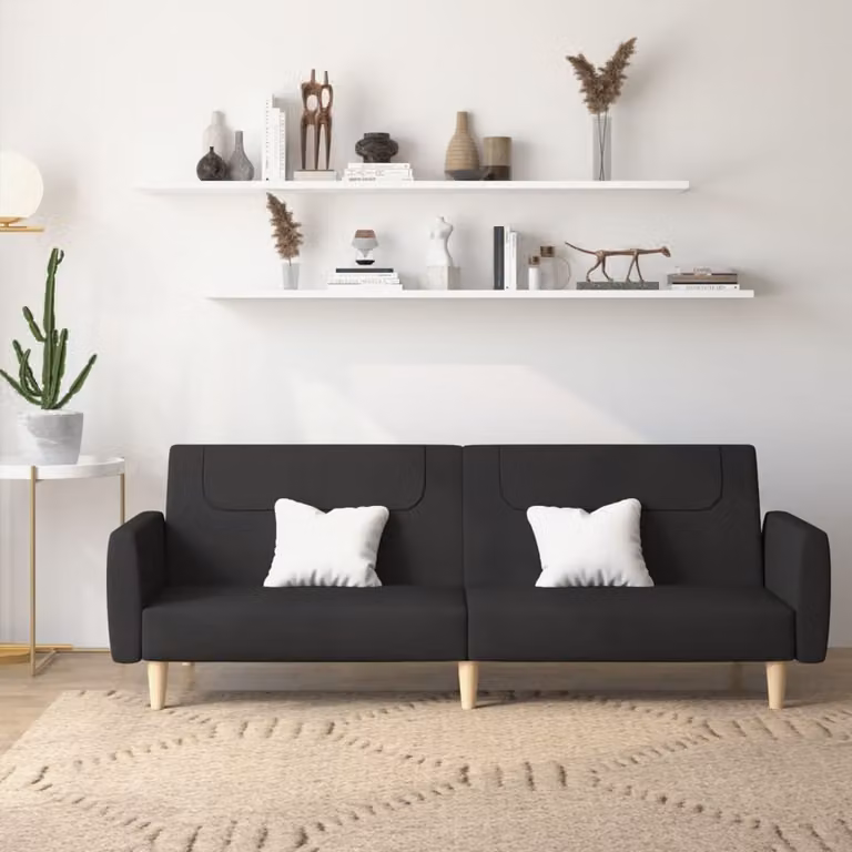 vidaXL Divano Letto Click-Clack a 2 Posti in Tessuto Nero con Struttura in Legno Solido e Poggiatesta Regolabile