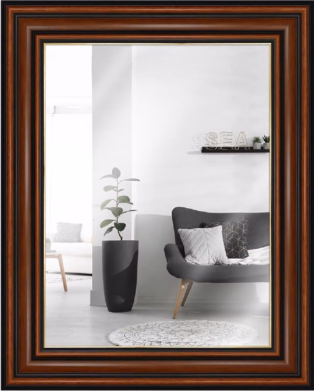 Specchio da parete MendeFrames modello H017, con cornice in legno di noce e bordo dorato, dimensioni 25x38 cm