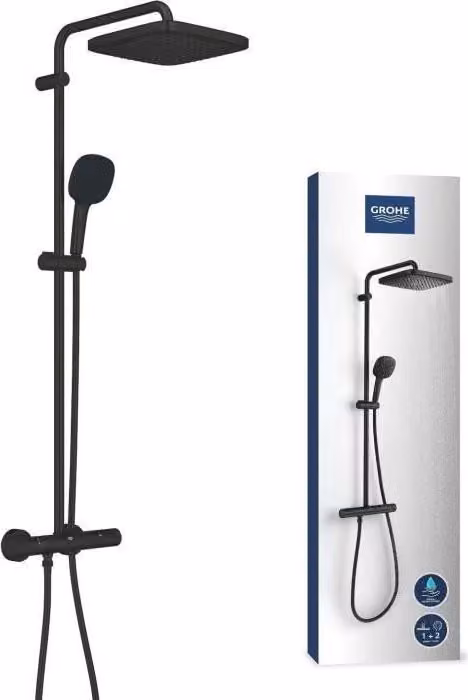 Colonna doccia termostatica GROHE Vitalio Comfort 250, Nero opaco, Soffione doccia 25 cm, Pomello 11 cm, Tubo flessibile 1,75 m, Risparmio idrico