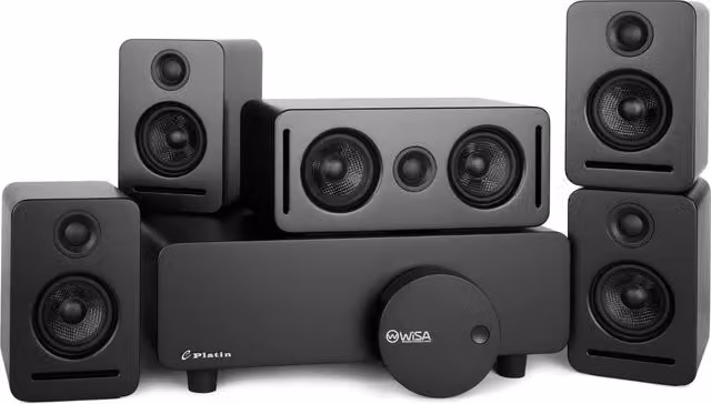 Impianto Home Cinema Wireless 5.1 con Dolby Atmos e Tecnologia WISA, Suono Surround Monaco Senza Ritardi e Cristallino, Design Minimalista, Nero