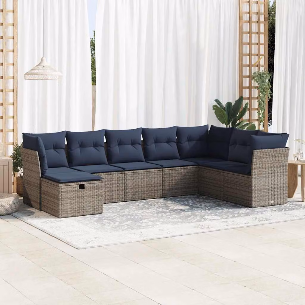 Set Divano da Giardino vidaXL 8 pz a Forma a L con Cuscini Blu e Grigio in Polyrattan e Metallo