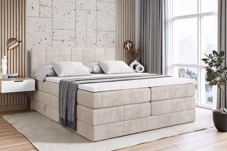 Letto boxspring ALTDECOR con 2 materassi e topper - 200x200 cm - MOETI KING - Velluto color crema - Letto imbottito con materassi H3 e H4, contenitore e rete a doghe, letto con spazio di stivaggio
