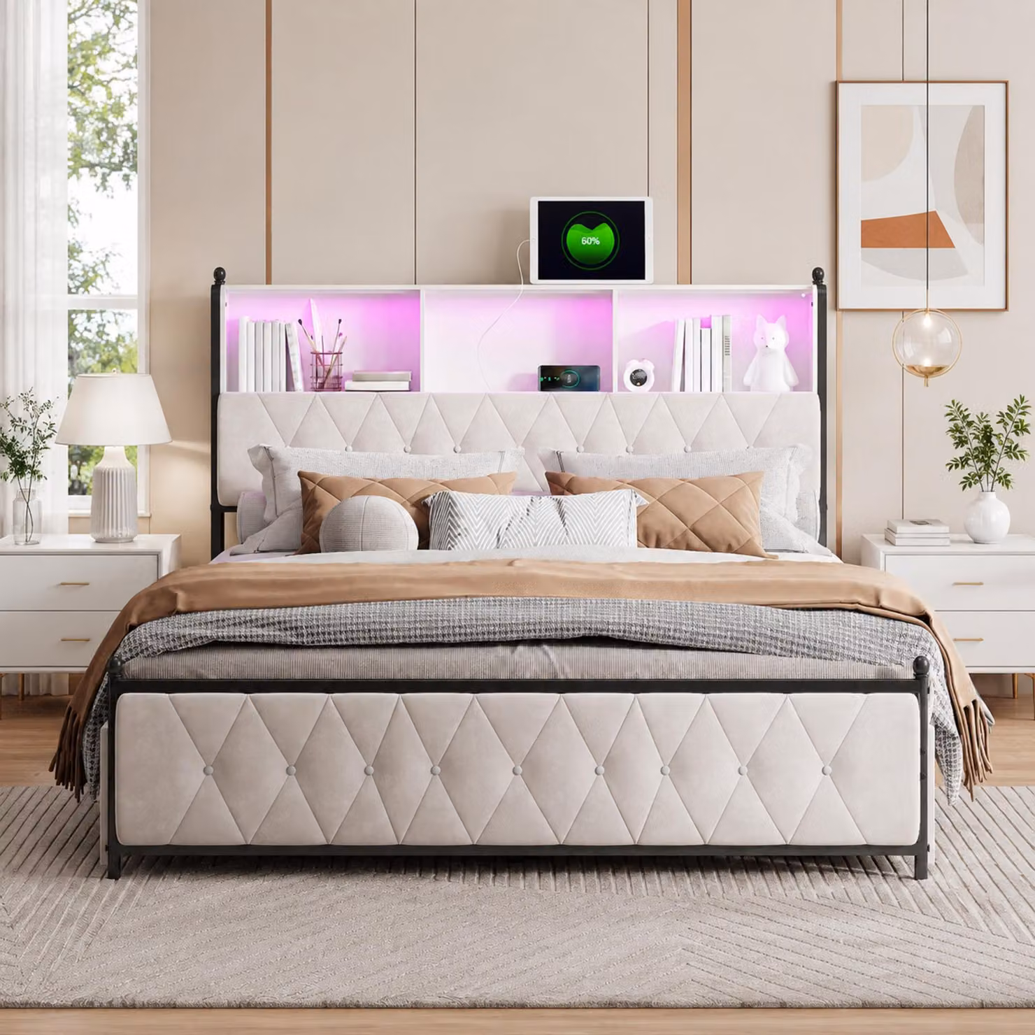 Letto matrimoniale INONEFT 180x200 cm con 4 cassetti, letto imbottito con LED, USB e porta Type-C, struttura letto per giovani con rete a doghe, tessuto velluto, colore beige