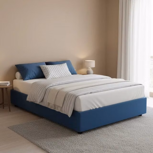 Letto matrimoniale contenitore Alaska di Talamo Italia con rivestimento in tessuto blu, adatto per materasso 160x200 cm – 1