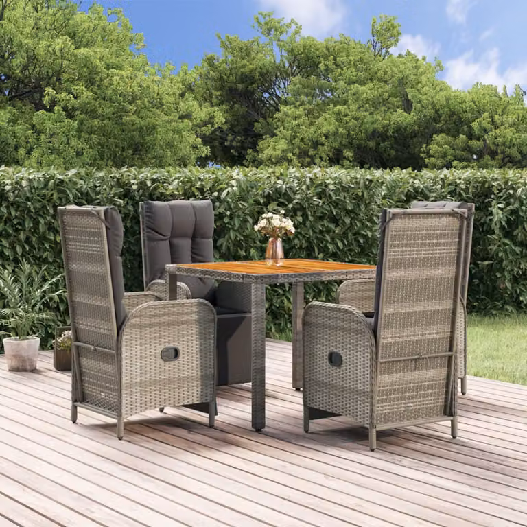 Set da pranzo da giardino vidaXL in polyrattan e legno di acacia grigio con 5 pezzi e cuscini