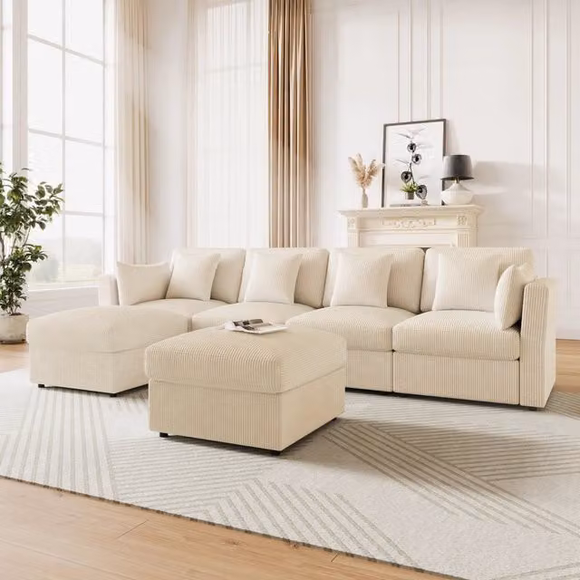 Divano panoramico modulare MIVRAY a forma di U in velluto a coste beige con poggiatesta regolabile, coperture rimovibili e pouf coordinato