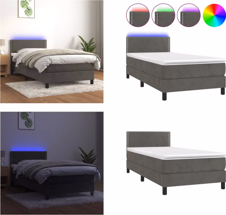 vidaXL Letto a molle con materasso e LED in velluto grigio scuro 100x200 cm - Letto a molle - Boxspringbetten - Bett - Schlafzimmermöbel