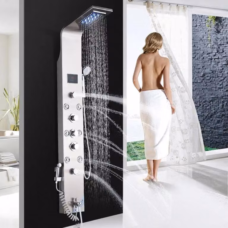 Pannello doccia - Modello 8009 - Acciaio inossidabile 304 - Finitura spazzolata - LED ad acqua - Tre maniglie - Dimensioni: 20 cm - Rosso