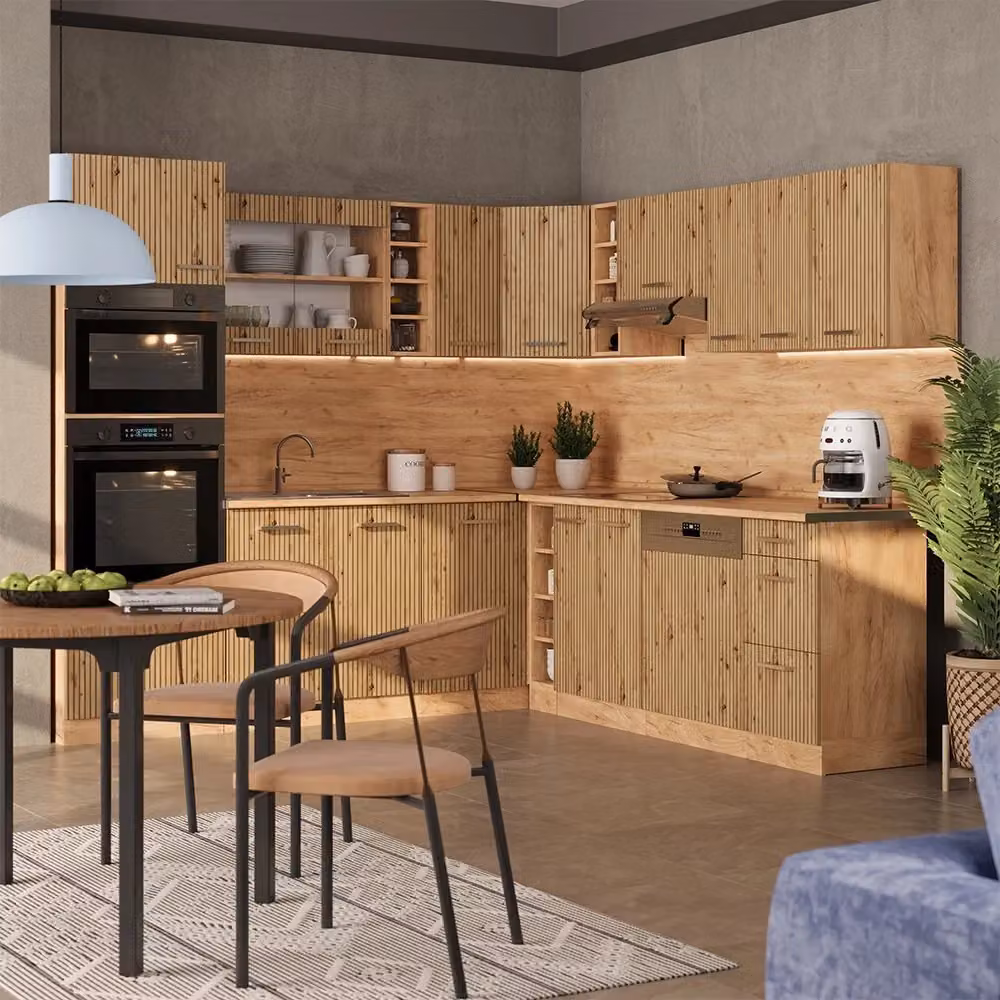 Cucina angolare moderna Vicco R-Line in rovere con ante in vetro e illuminazione integrata, L 247 cm x P 237 cm, senza piano di lavoro – 2