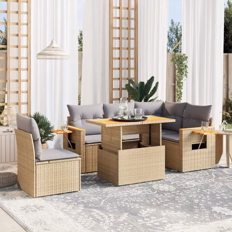 vidaXL Set Divano da Giardino 6 pz a L con Cuscini Beige in Polyrattan e Tavolino da Esterno