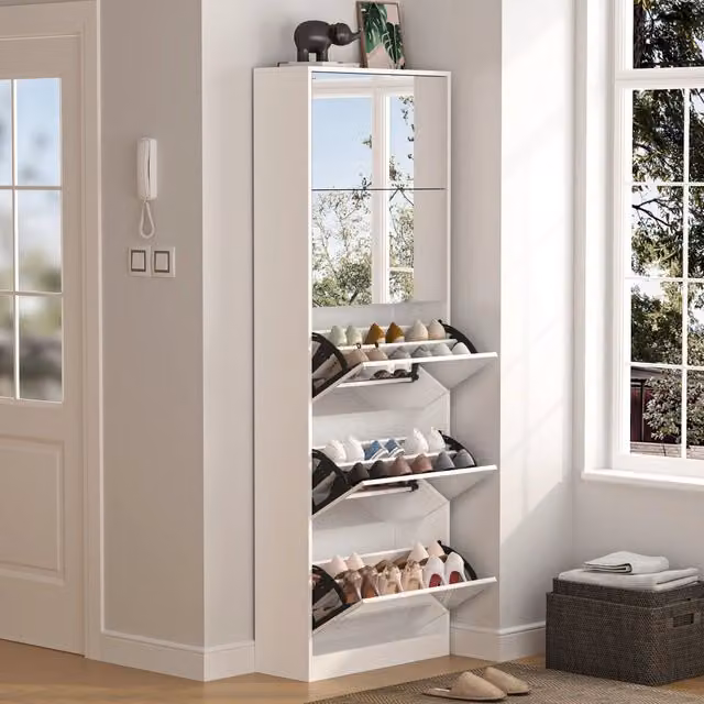 Scarpiera autoportante con specchio 5 vani ribaltabili a doppio ripiano MDF bianca fino a 30 paia altezza 185 cm