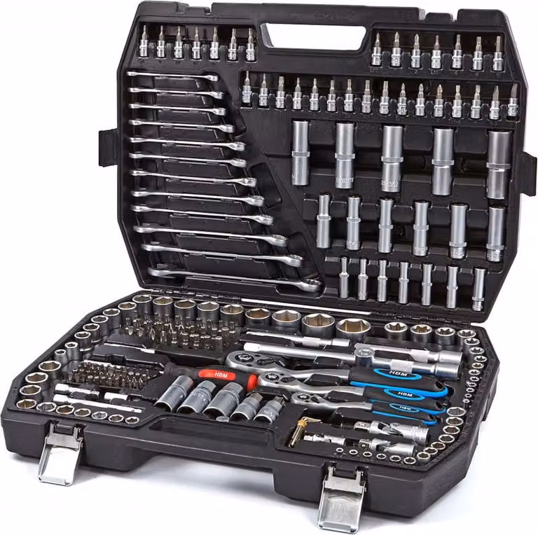 Valigetta utensili professionale 216 pezzi, serie di chiavi a bussola, torx, cricchetti, prolunghe, kit attrezzi per auto, officina fai-da-te con attacchi 1/2" 3/8" 1/4", Hbm Olanda